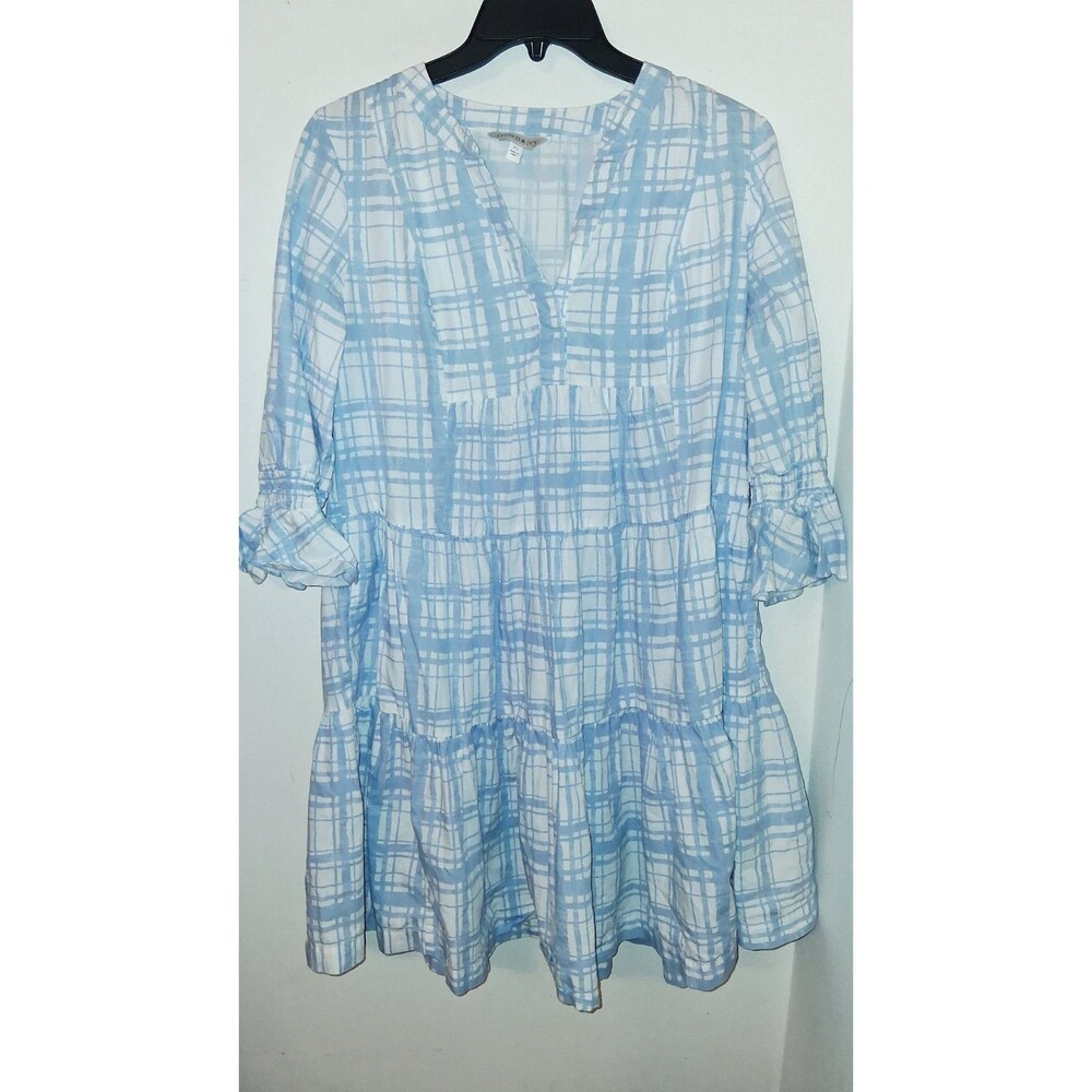 CROWN & IVY Sz XS Fit & Flare Short Dress Blue White Gingham Summer Cottage I
